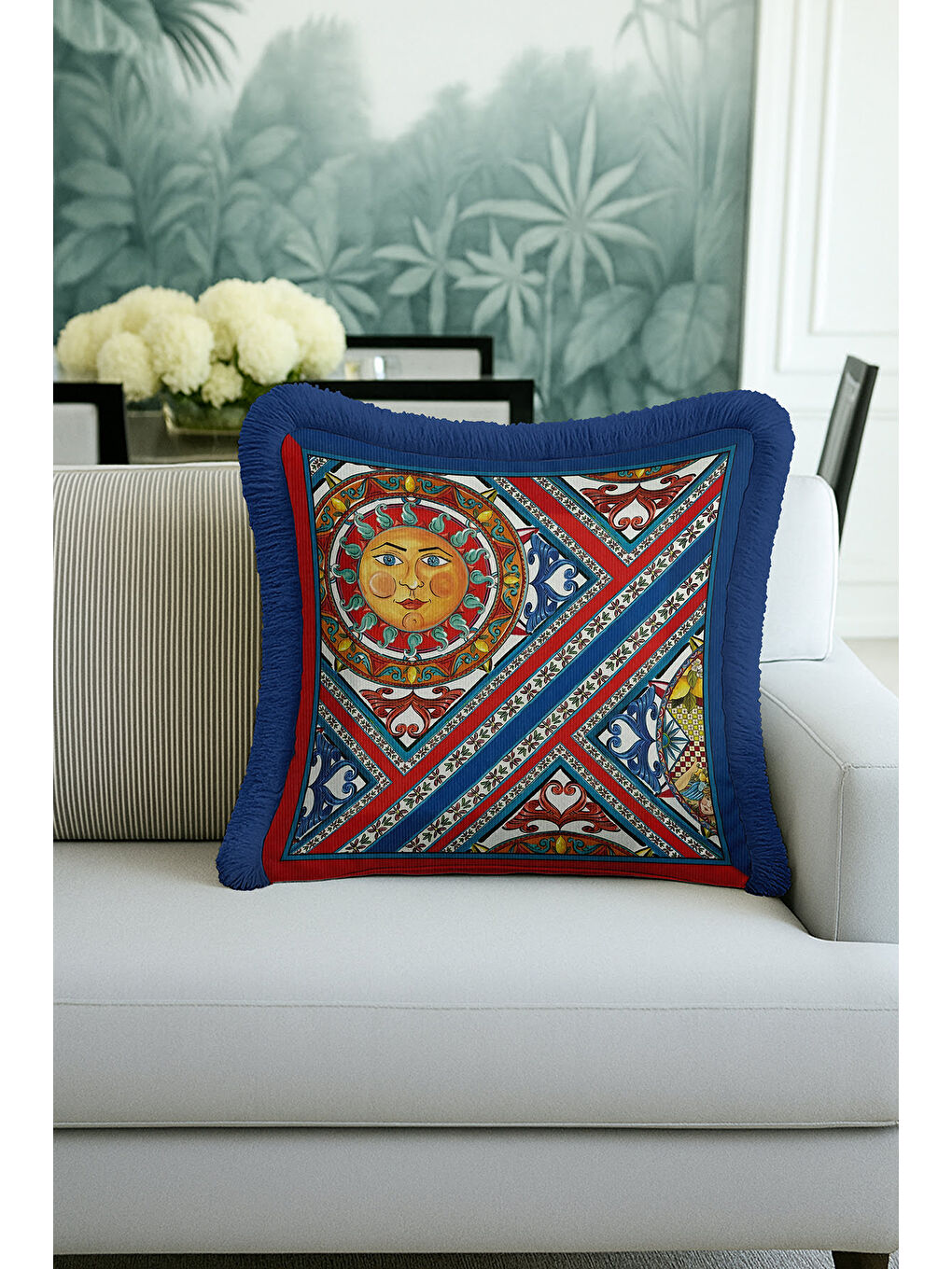 Karışık Barok Güneş Motifli Saçaklı Yastık Kılıfı - Akdeniz Bohem Mavi Kırmızı Püsküllü Kırlent Kılıfı-4