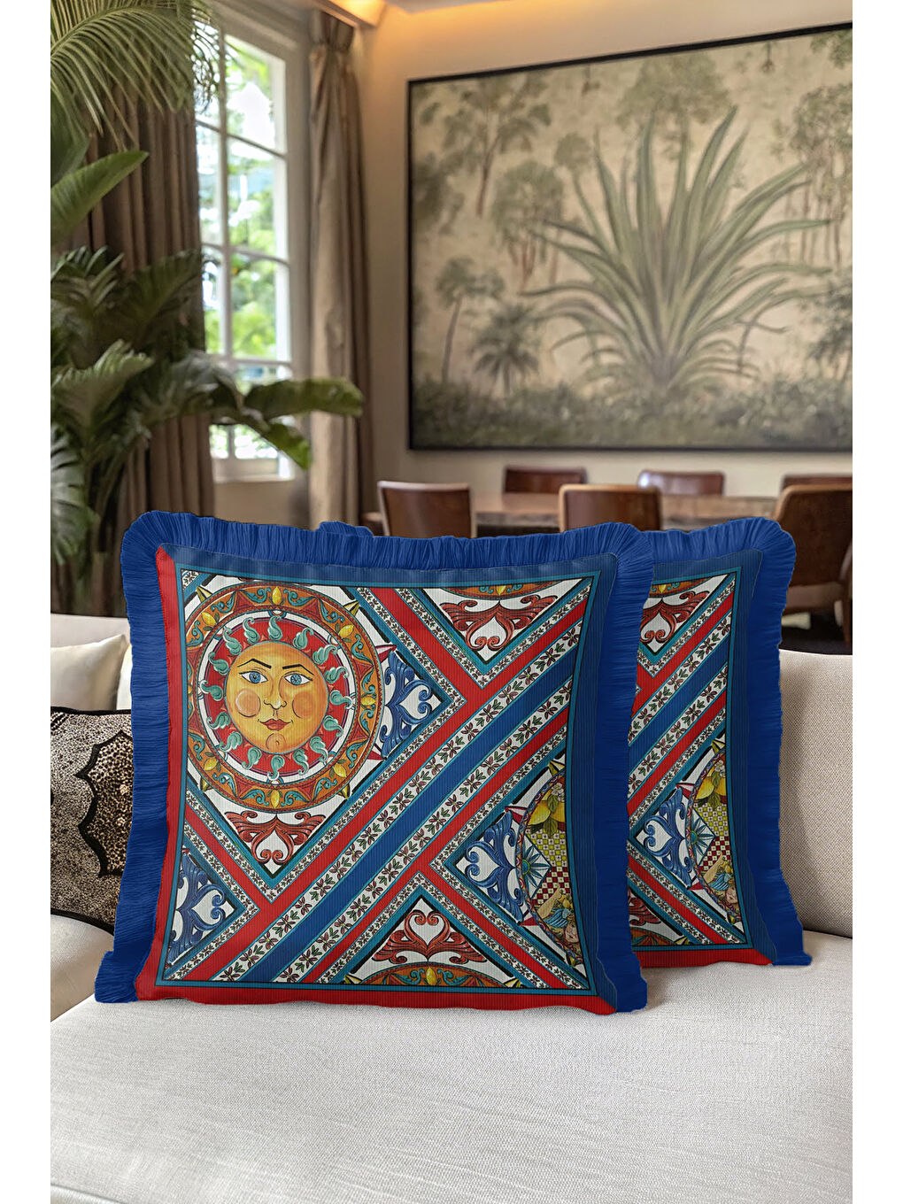 Karışık Barok Güneş Motifli Saçaklı Yastık Kılıfı - Akdeniz Bohem Mavi Kırmızı Püsküllü Kırlent Kılıfı-5