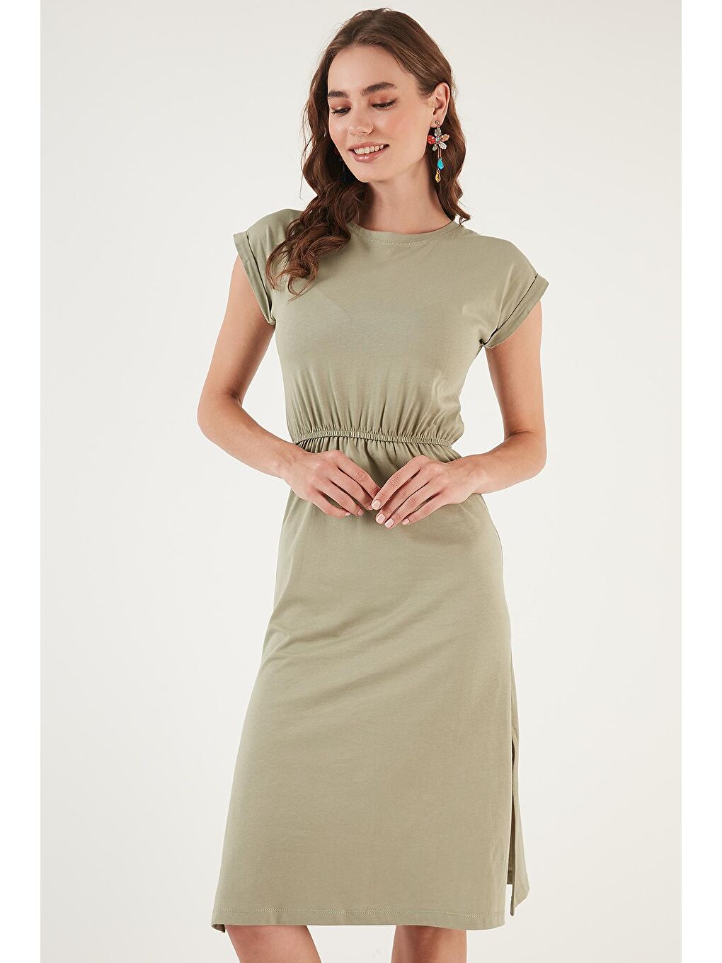 Yeşil Pamuklu Kısa Kollu Çift Yırtmaçlı Midi Elbise 5864205-3