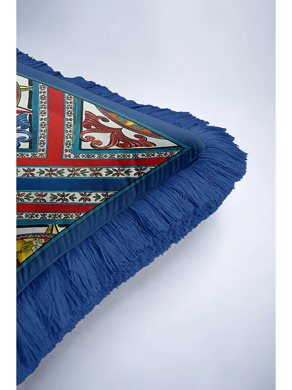 Karışık Barok Güneş Motifli Saçaklı Yastık Kılıfı - Akdeniz Bohem Mavi Kırmızı Püsküllü Kırlent Kılıfı-6