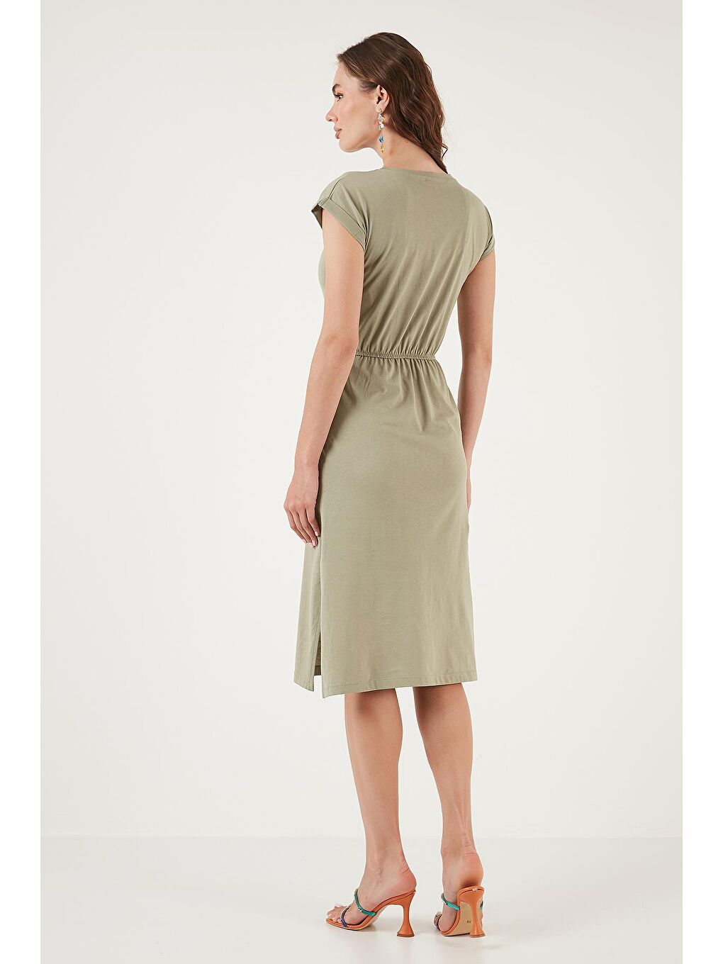 Yeşil Pamuklu Kısa Kollu Çift Yırtmaçlı Midi Elbise 5864205-4