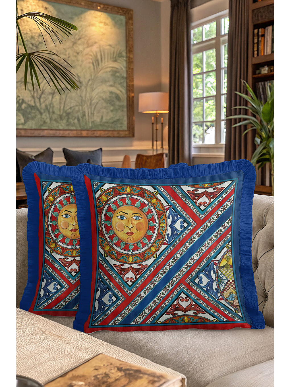 Karışık Barok Güneş Motifli Saçaklı Yastık Kılıfı - Akdeniz Bohem Mavi Kırmızı Püsküllü Kırlent Kılıfı-7