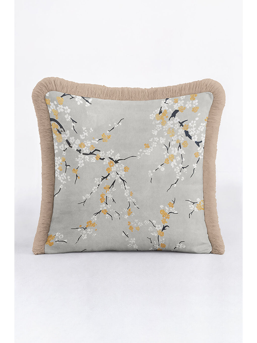 Karışık Sakura Çiçek Motifli Saçaklı Yastık Kılıfı - Zarif Naturel Bohem Gri Gold Püsküllü Kırlent Kılıfı-1