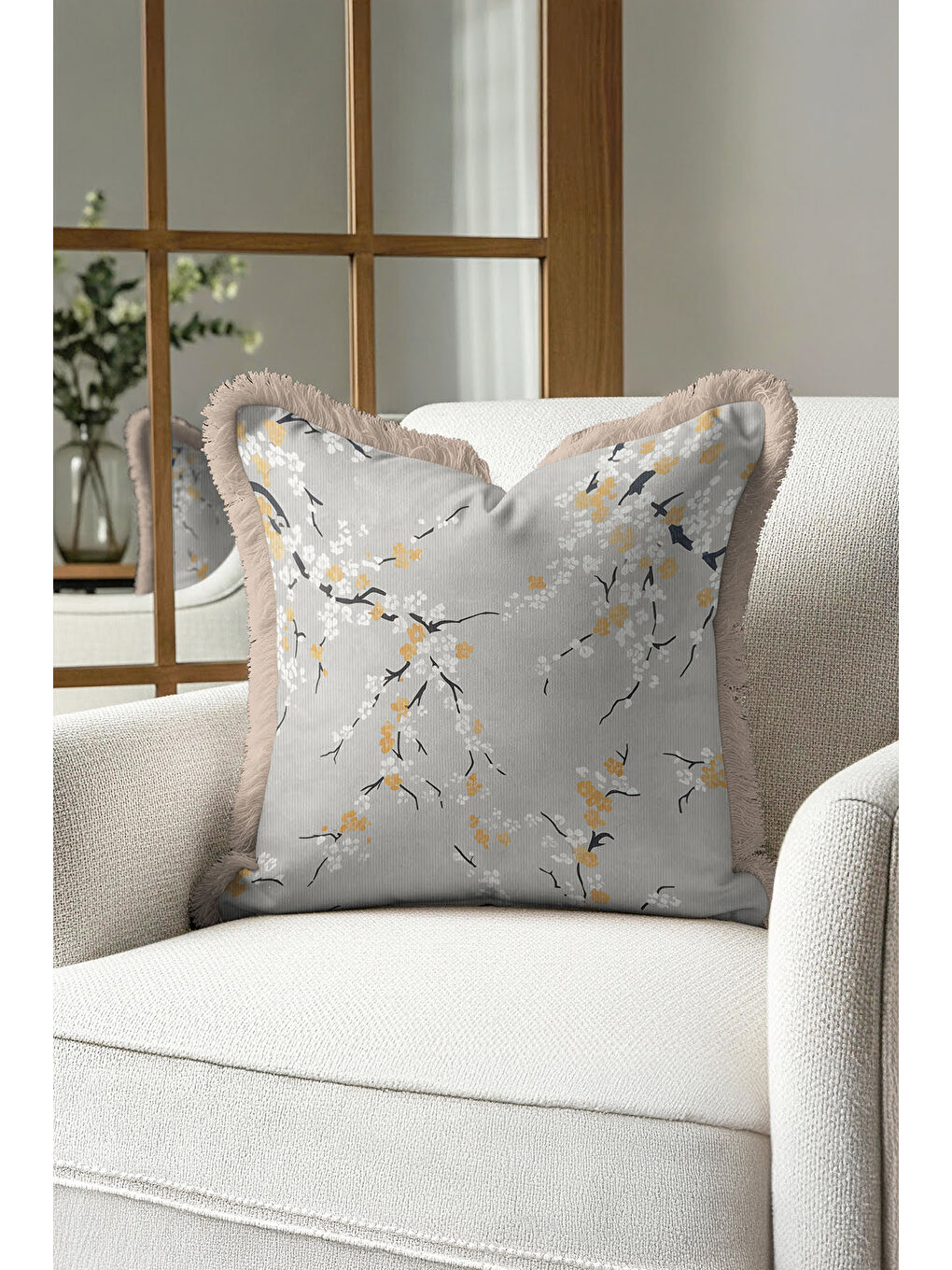 Karışık Sakura Çiçek Motifli Saçaklı Yastık Kılıfı - Zarif Naturel Bohem Gri Gold Püsküllü Kırlent Kılıfı-2