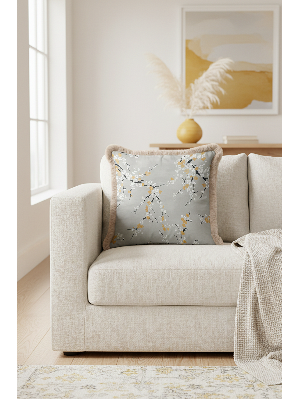 Karışık Sakura Çiçek Motifli Saçaklı Yastık Kılıfı - Zarif Naturel Bohem Gri Gold Püsküllü Kırlent Kılıfı-3