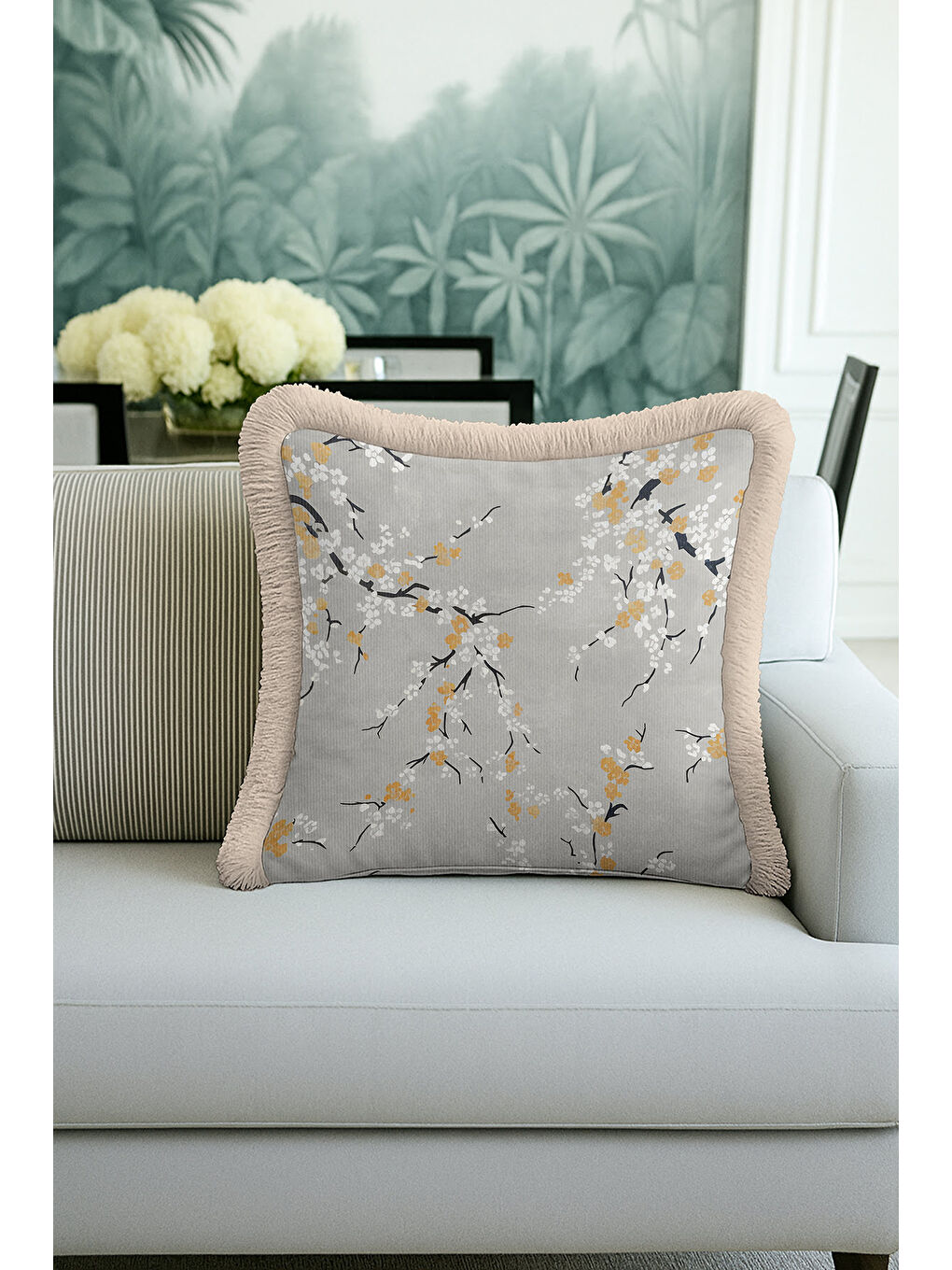 Karışık Sakura Çiçek Motifli Saçaklı Yastık Kılıfı - Zarif Naturel Bohem Gri Gold Püsküllü Kırlent Kılıfı-4