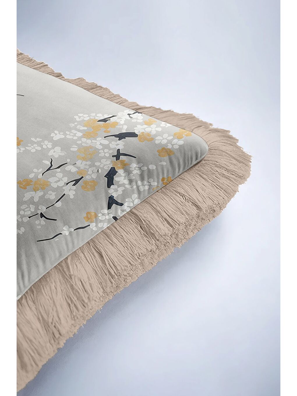 Karışık Sakura Çiçek Motifli Saçaklı Yastık Kılıfı - Zarif Naturel Bohem Gri Gold Püsküllü Kırlent Kılıfı-6