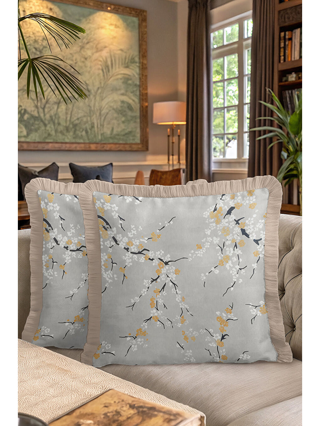 Karışık Sakura Çiçek Motifli Saçaklı Yastık Kılıfı - Zarif Naturel Bohem Gri Gold Püsküllü Kırlent Kılıfı-7