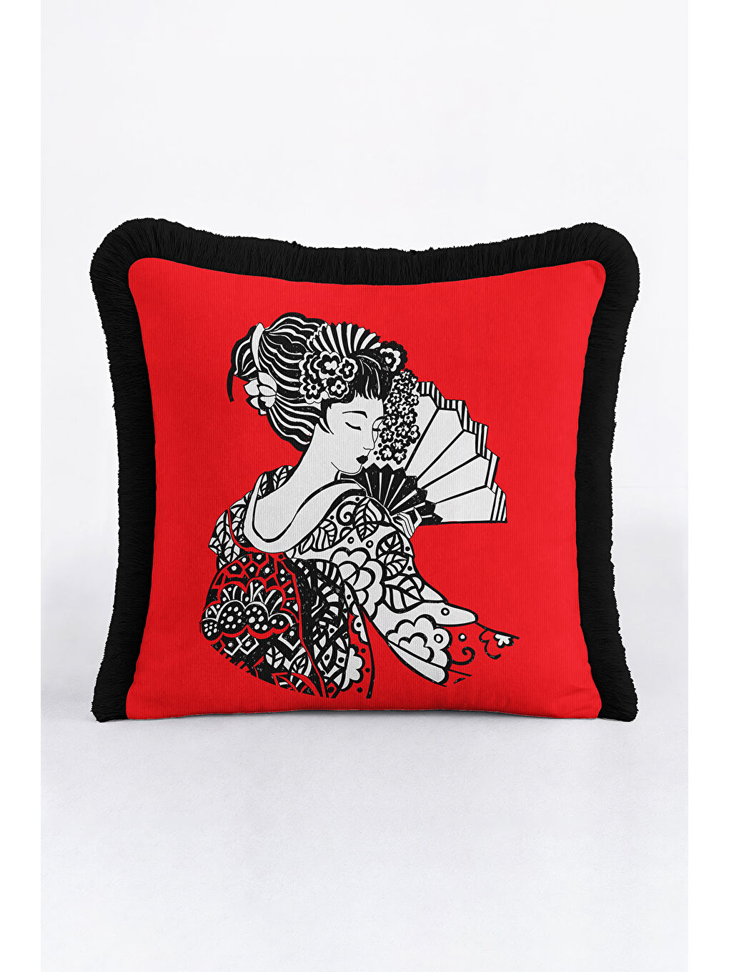 Karışık Oriental Sanat Motifli Saçaklı Yastık Kılıfı - Japon Etnik Kırmızı Siyah Püsküllü Kırlent Kılıfı