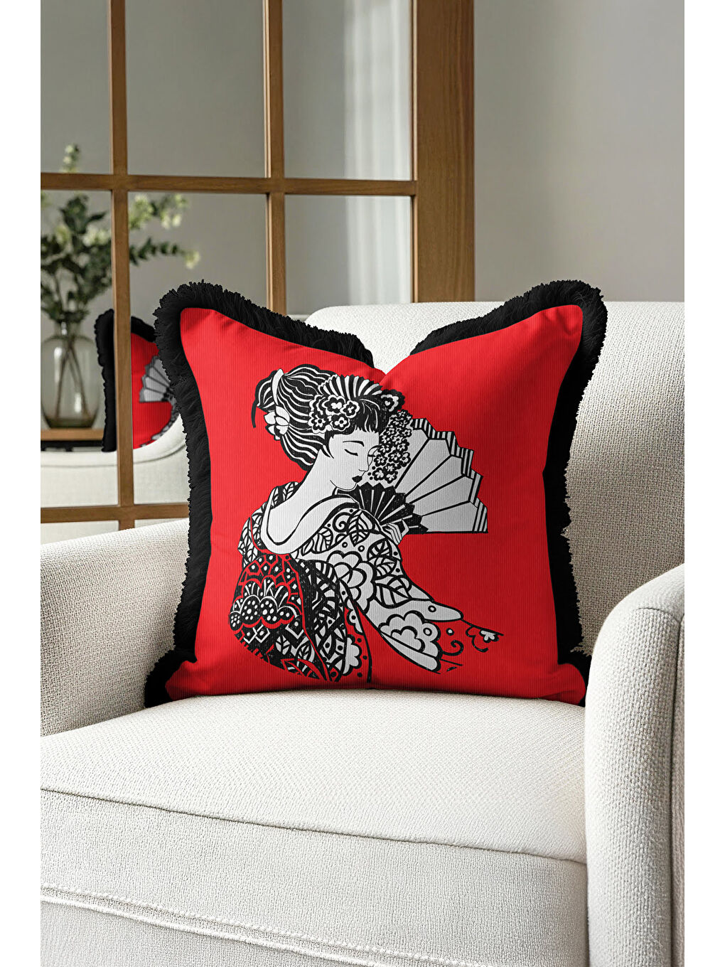 Karışık Oriental Sanat Motifli Saçaklı Yastık Kılıfı - Japon Etnik Kırmızı Siyah Püsküllü Kırlent Kılıfı-1