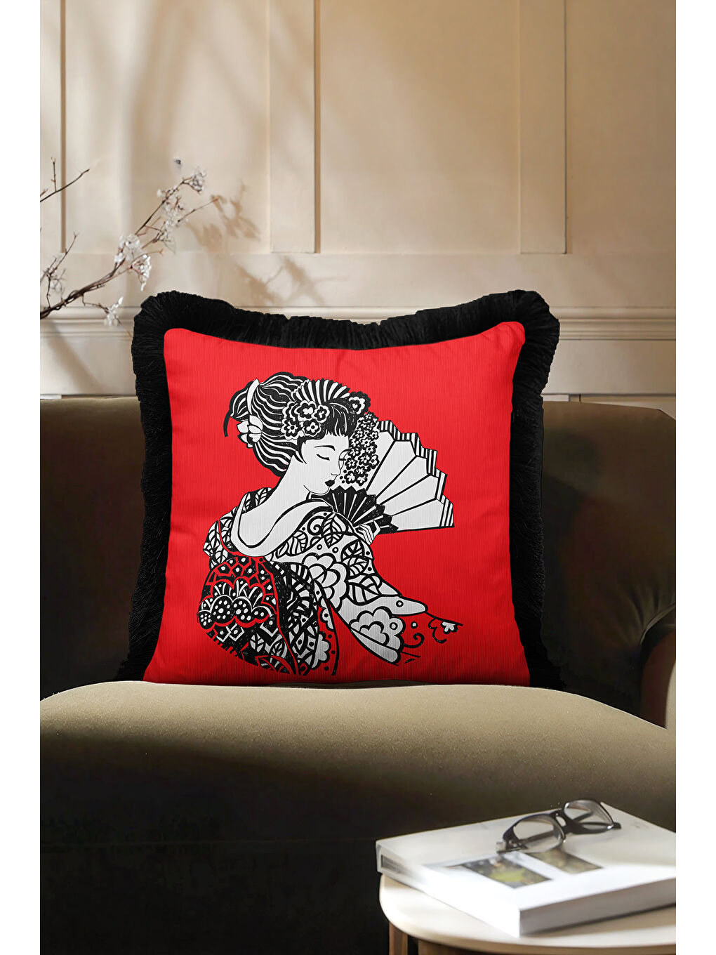 Karışık Oriental Sanat Motifli Saçaklı Yastık Kılıfı - Japon Etnik Kırmızı Siyah Püsküllü Kırlent Kılıfı-2