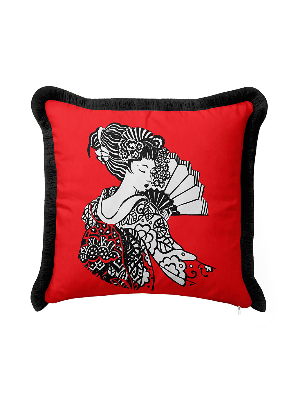 Karışık Oriental Sanat Motifli Saçaklı Yastık Kılıfı - Japon Etnik Kırmızı Siyah Püsküllü Kırlent Kılıfı-3