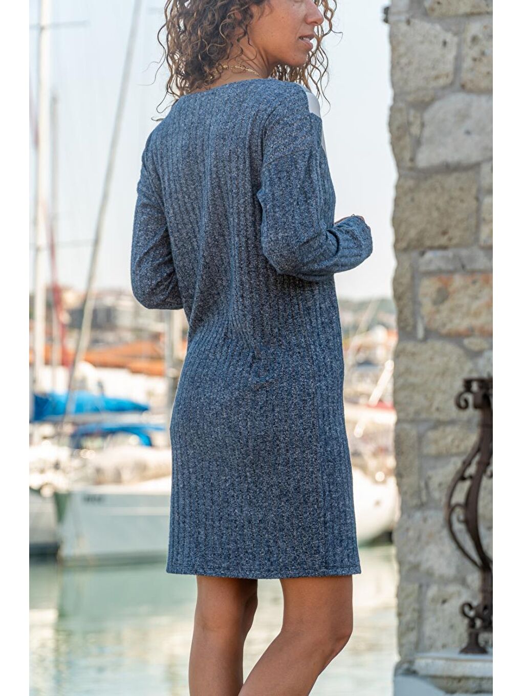 Kadın Lacivert V Yaka Garnili Kendinden Desenli Yün Elbise GK-BST2994-2