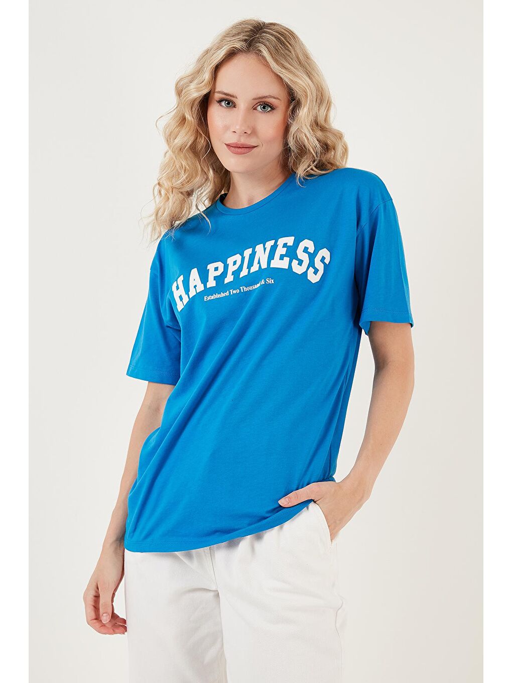 Lela Mavi Baskılı Pamuklu Oversize Bisiklet Yaka T Shirt 541HAPPINESS - 1