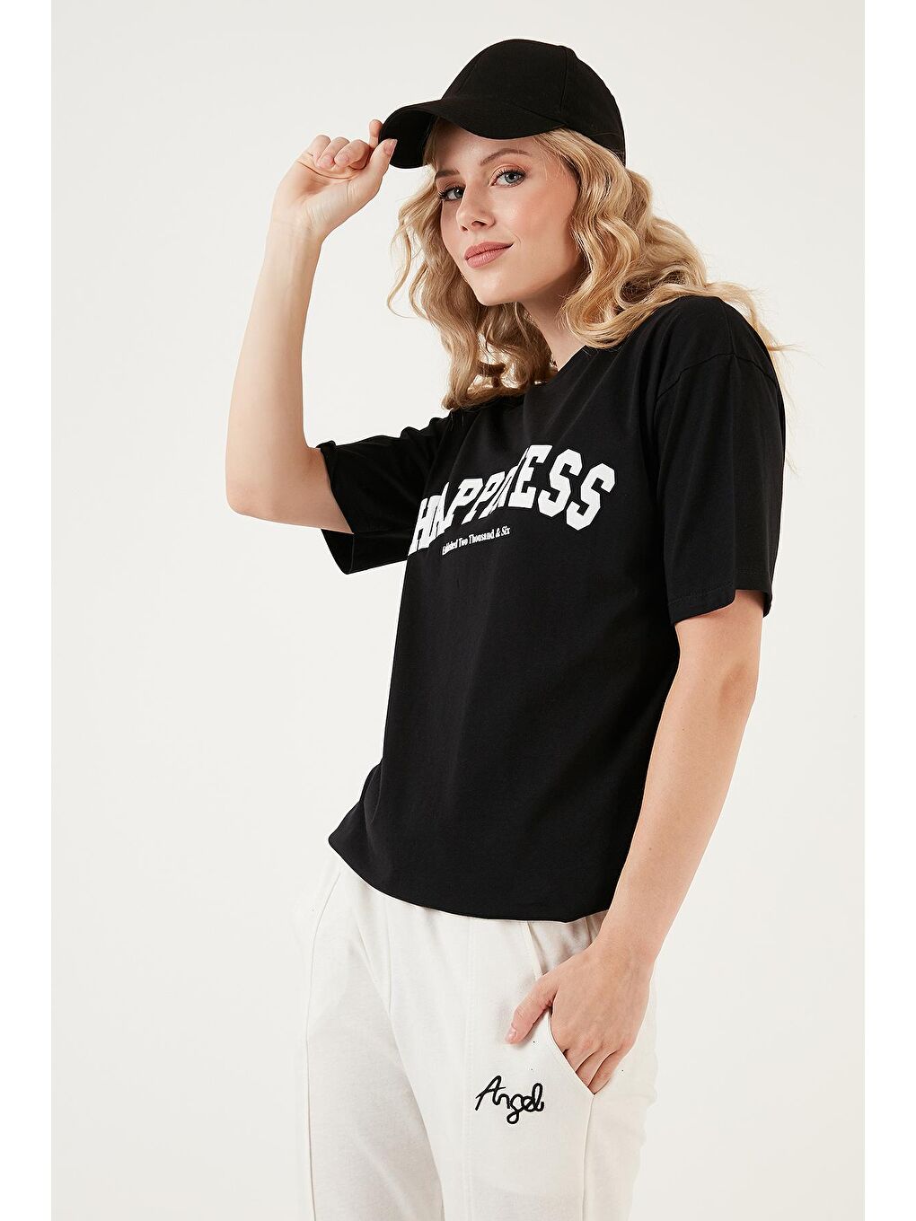 Lela Siyah Baskılı Pamuklu Oversize Bisiklet Yaka T Shirt 541HAPPINESS - 2