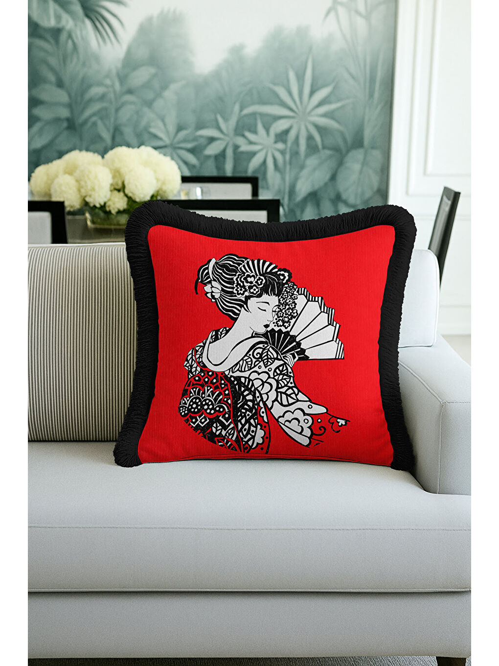 Karışık Oriental Sanat Motifli Saçaklı Yastık Kılıfı - Japon Etnik Kırmızı Siyah Püsküllü Kırlent Kılıfı-4