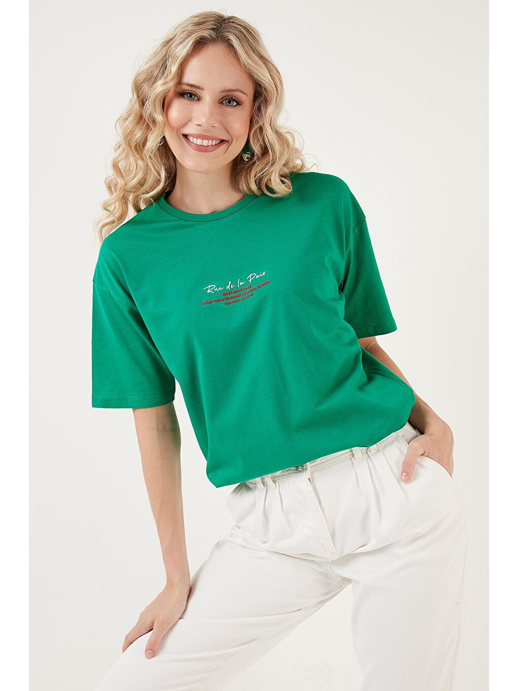 Yeşil Yazılı Detaylı Pamuklu Oversize Bisiklet Yaka T Shirt 541Ruedela-3