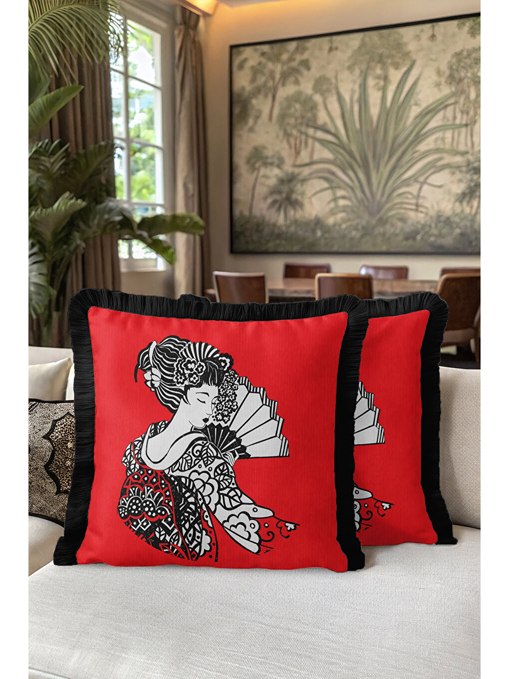 Karışık Oriental Sanat Motifli Saçaklı Yastık Kılıfı - Japon Etnik Kırmızı Siyah Püsküllü Kırlent Kılıfı-5