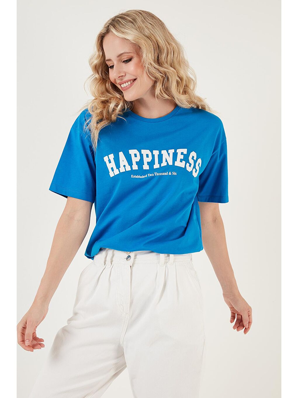 Lela Mavi Baskılı Pamuklu Oversize Bisiklet Yaka T Shirt 541HAPPINESS - 2