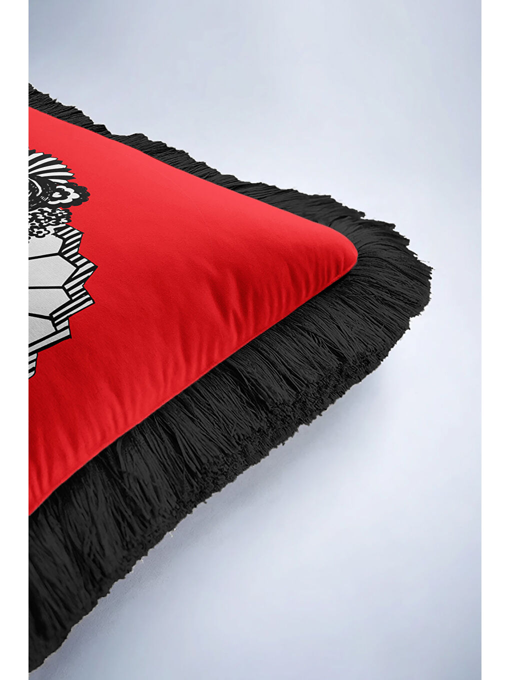 Karışık Oriental Sanat Motifli Saçaklı Yastık Kılıfı - Japon Etnik Kırmızı Siyah Püsküllü Kırlent Kılıfı-6