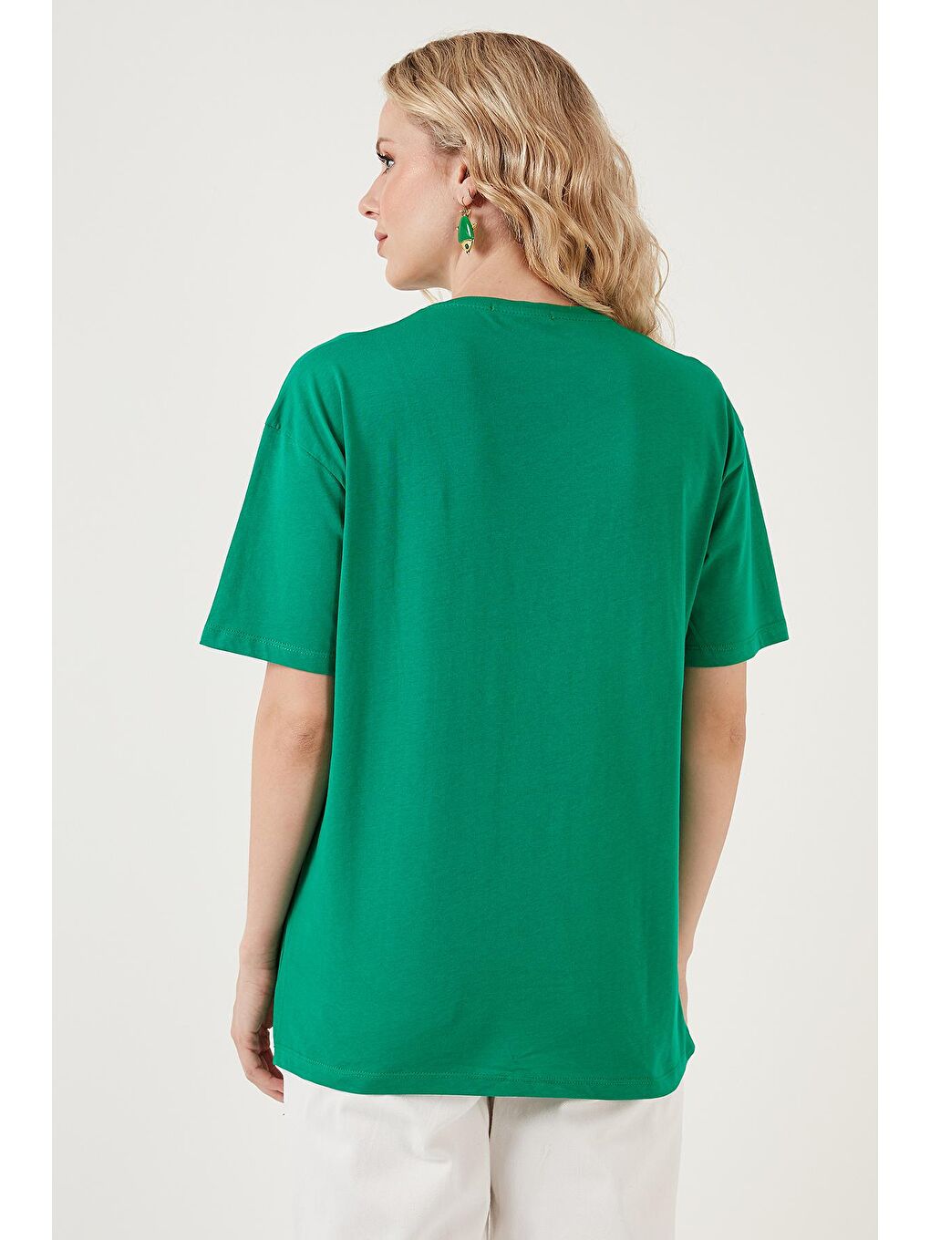 Yeşil Yazılı Detaylı Pamuklu Oversize Bisiklet Yaka T Shirt 541Ruedela-4