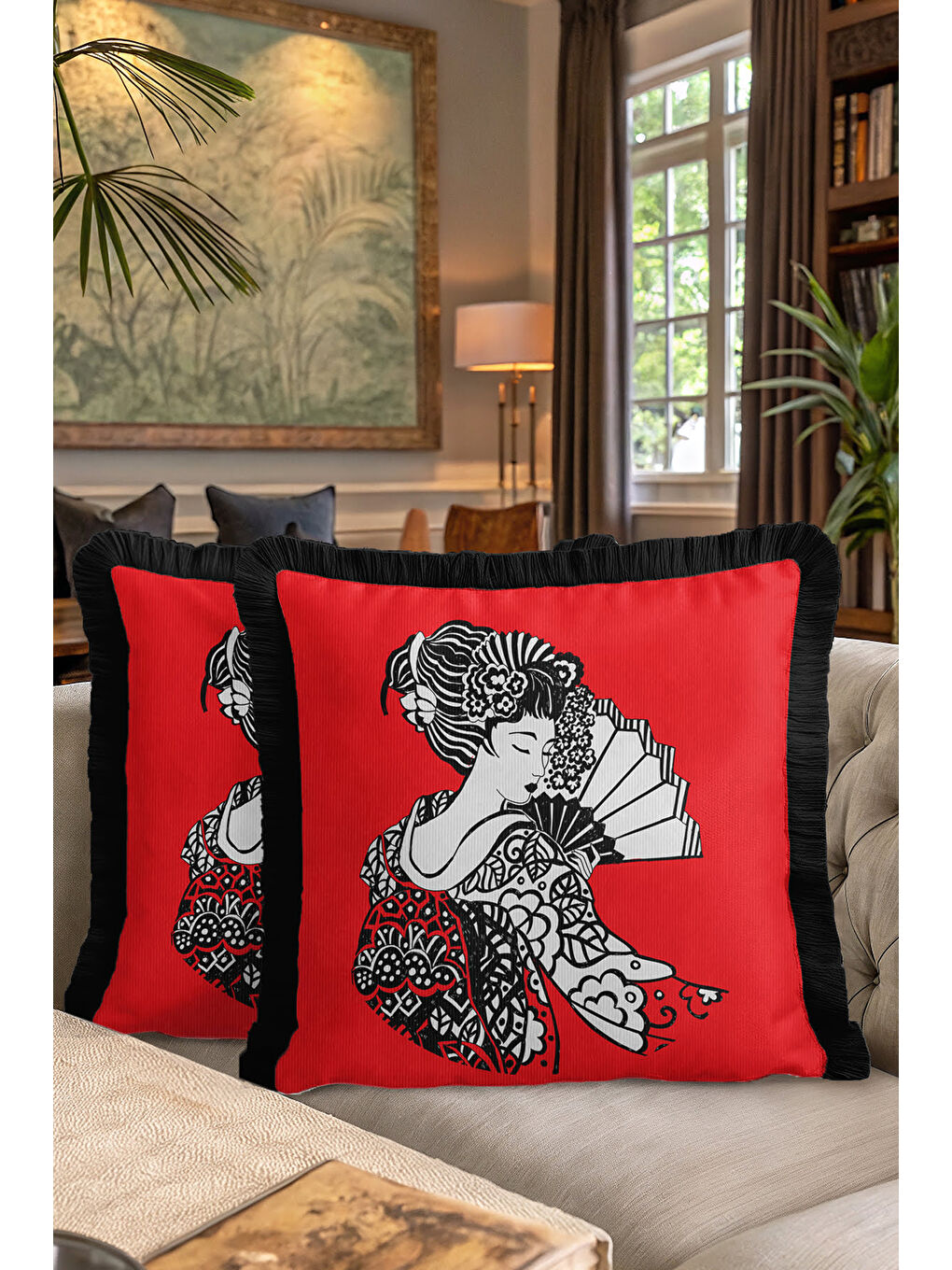 Karışık Oriental Sanat Motifli Saçaklı Yastık Kılıfı - Japon Etnik Kırmızı Siyah Püsküllü Kırlent Kılıfı-7