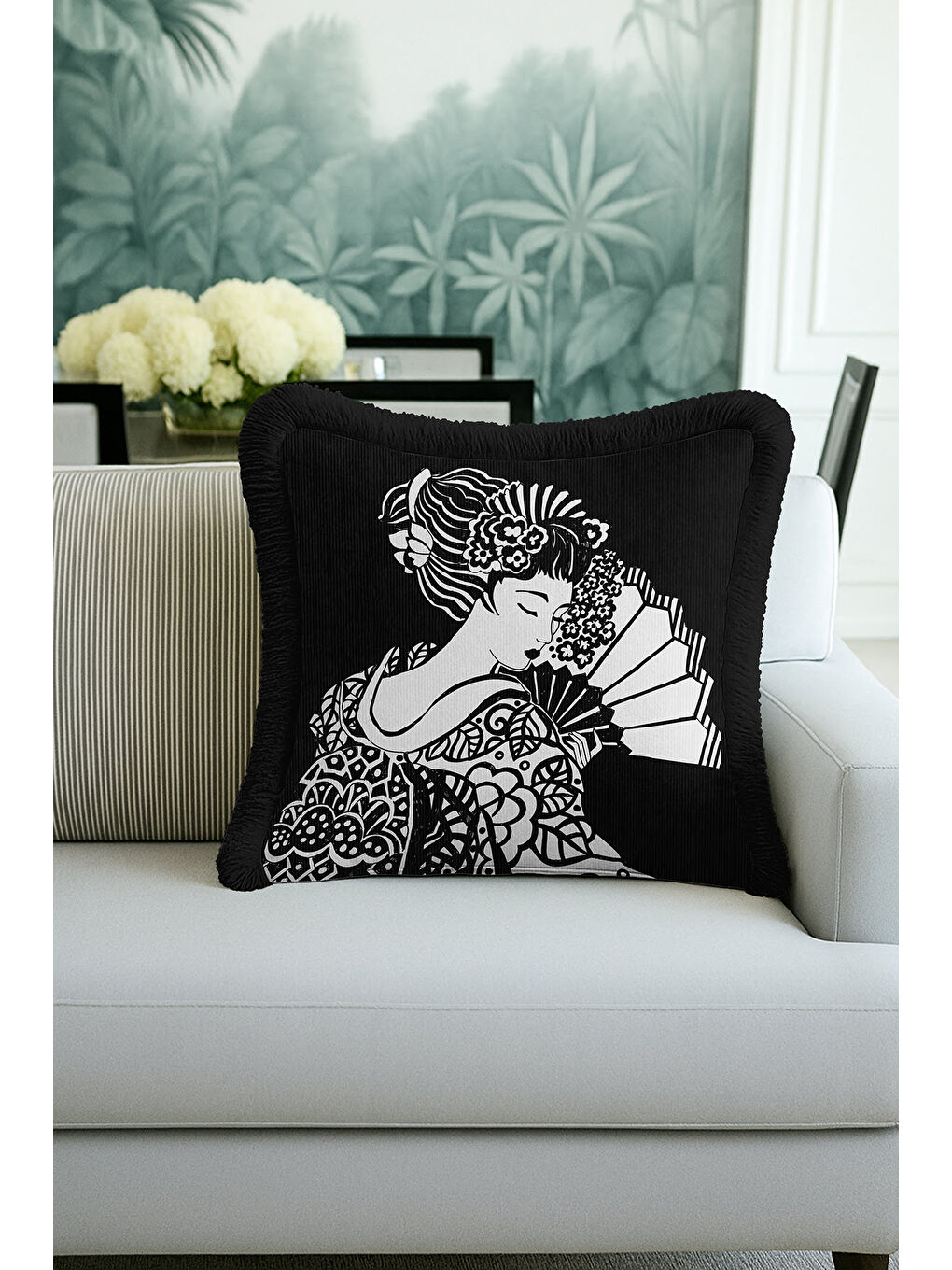 Karışık Japon Esintili Lüks Saçaklı Yastık Kılıfı - Monokrom Bohem Siyah Püsküllü Kırlent Kılıfı