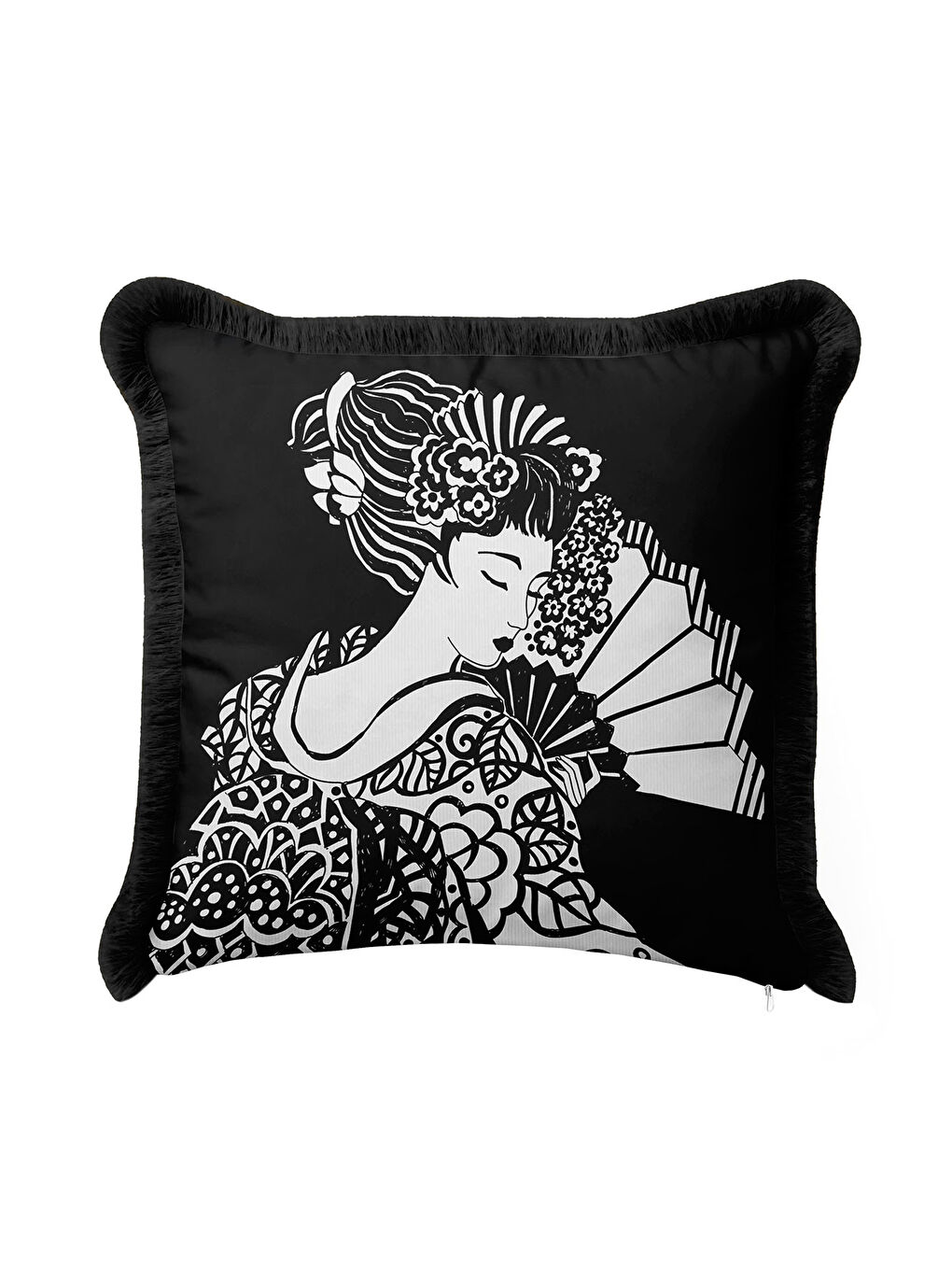 Karışık Japon Esintili Lüks Saçaklı Yastık Kılıfı - Monokrom Bohem Siyah Püsküllü Kırlent Kılıfı-1