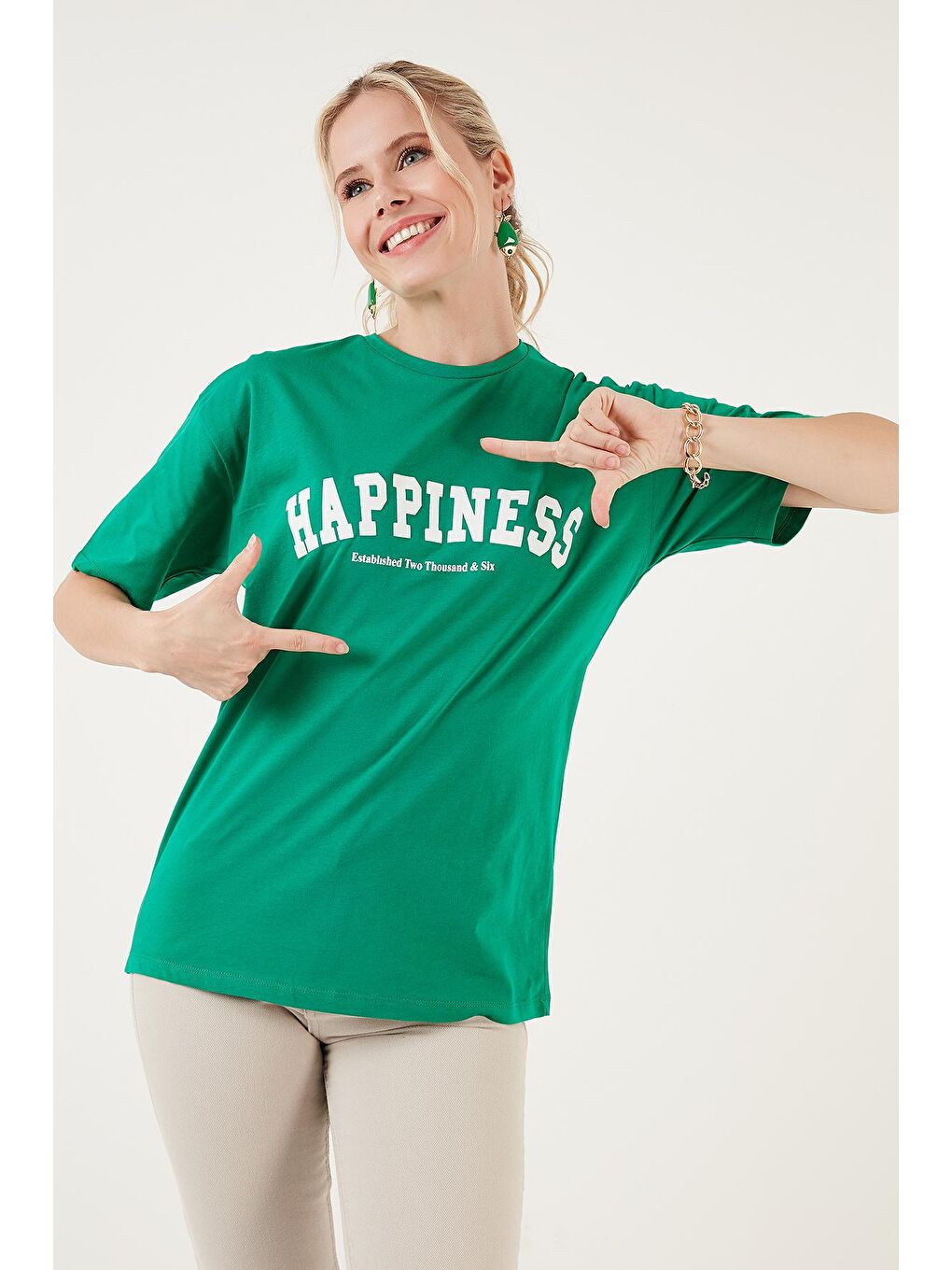 Lela Yeşil Baskılı Pamuklu Oversize Bisiklet Yaka T Shirt 541HAPPINESS - 1