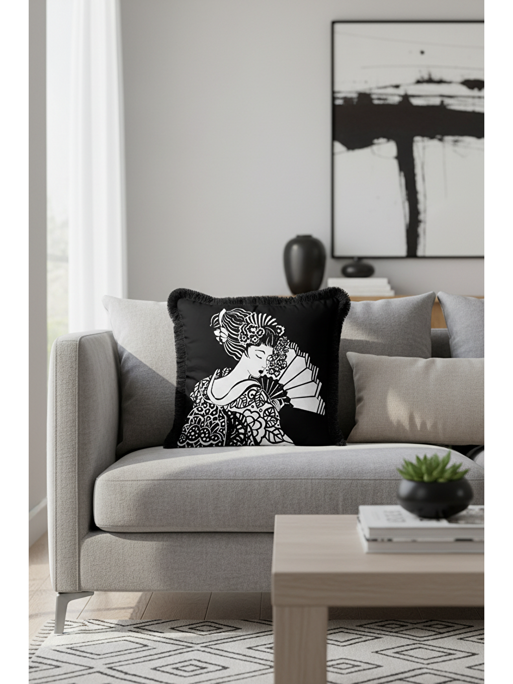 Karışık Japon Esintili Lüks Saçaklı Yastık Kılıfı - Monokrom Bohem Siyah Püsküllü Kırlent Kılıfı-2