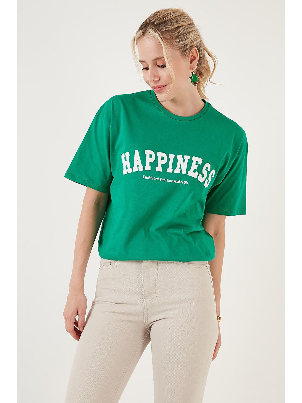 Lela Yeşil Baskılı Pamuklu Oversize Bisiklet Yaka T Shirt 541HAPPINESS - 2