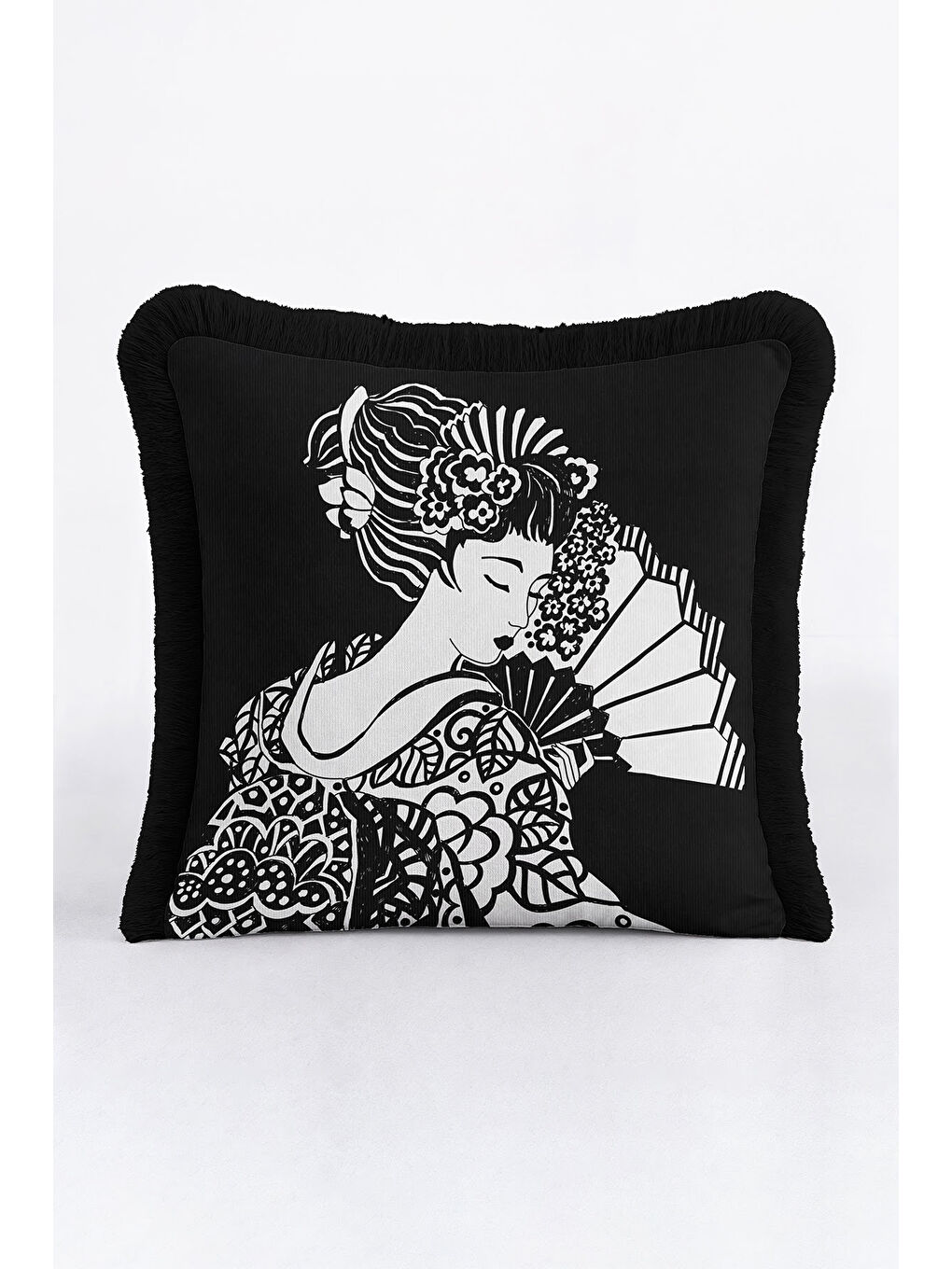 Karışık Japon Esintili Lüks Saçaklı Yastık Kılıfı - Monokrom Bohem Siyah Püsküllü Kırlent Kılıfı-4