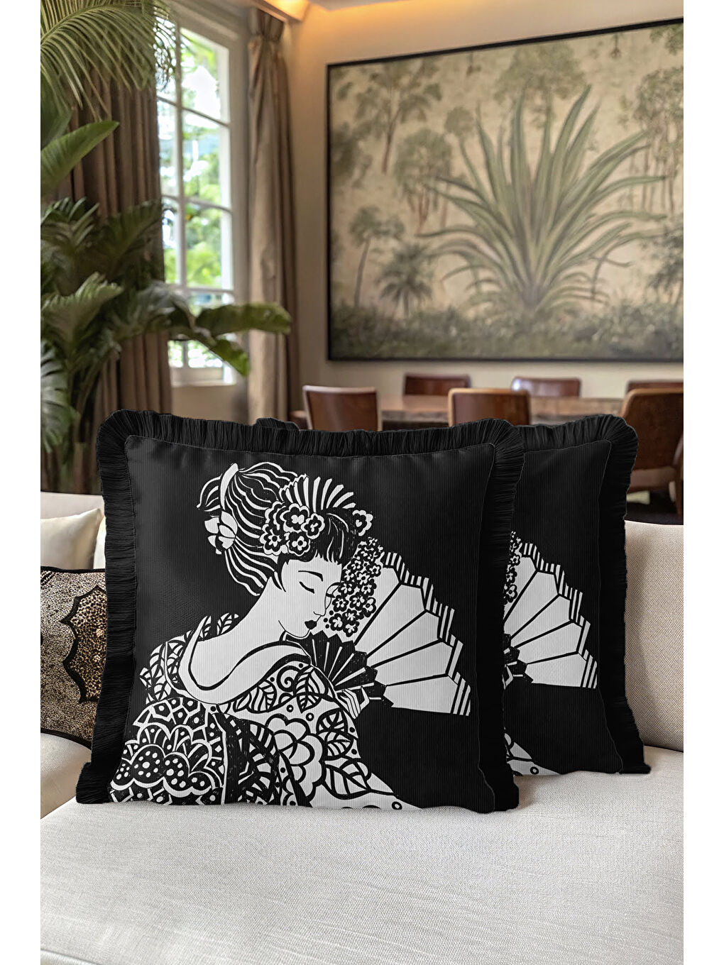 Karışık Japon Esintili Lüks Saçaklı Yastık Kılıfı - Monokrom Bohem Siyah Püsküllü Kırlent Kılıfı-5