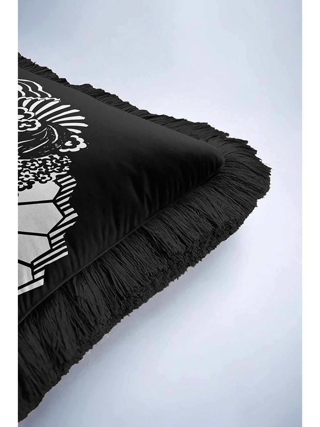 Karışık Japon Esintili Lüks Saçaklı Yastık Kılıfı - Monokrom Bohem Siyah Püsküllü Kırlent Kılıfı-6