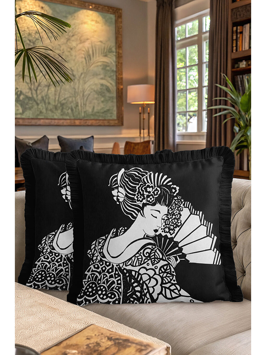Karışık Japon Esintili Lüks Saçaklı Yastık Kılıfı - Monokrom Bohem Siyah Püsküllü Kırlent Kılıfı-7