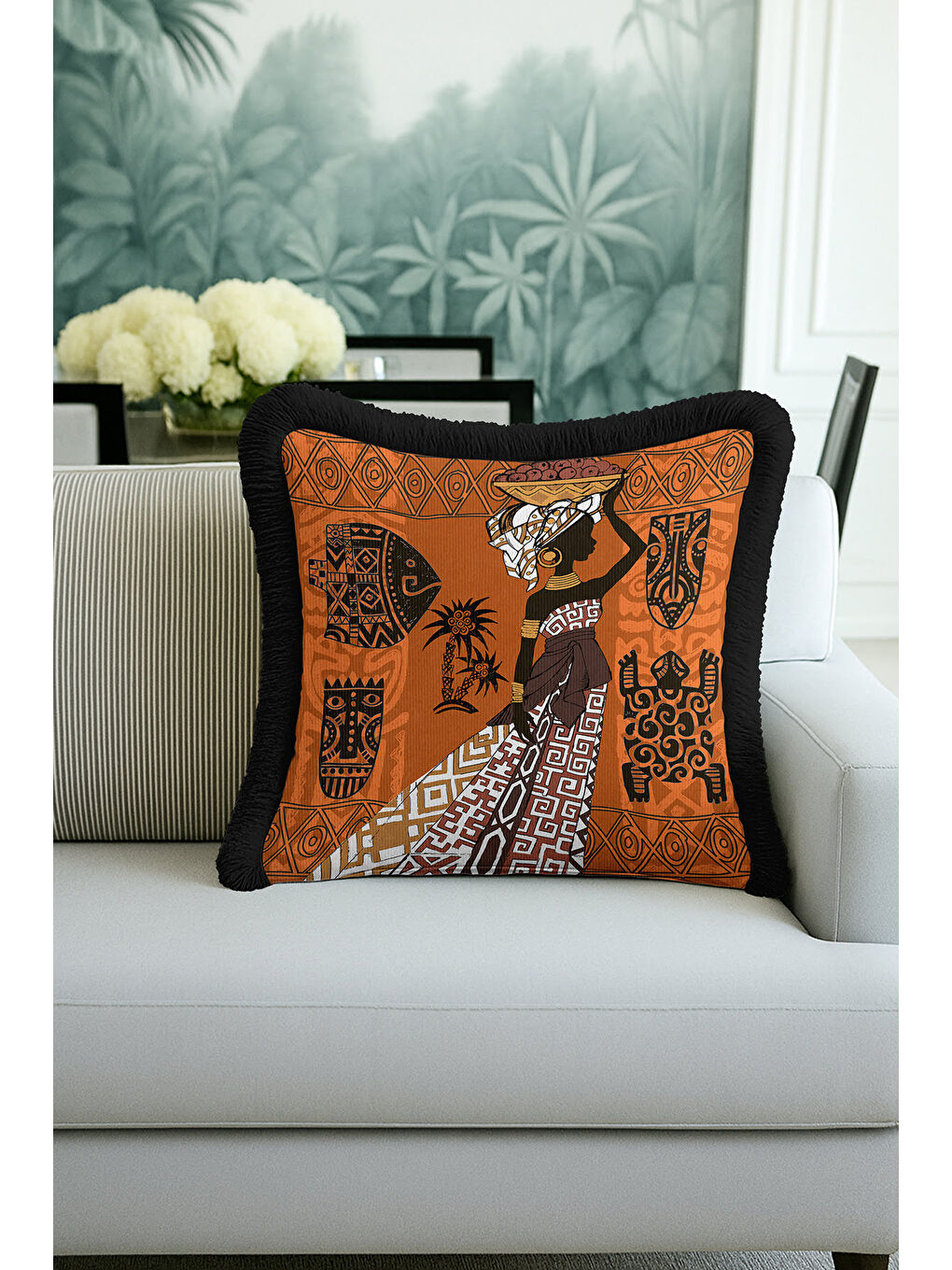 Karışık Afrikan Motifli Saçaklı Yastık Kılıfı - Etnik Tarz Sıcak Kahverengi Püsküllü Kırlent Kılıfı