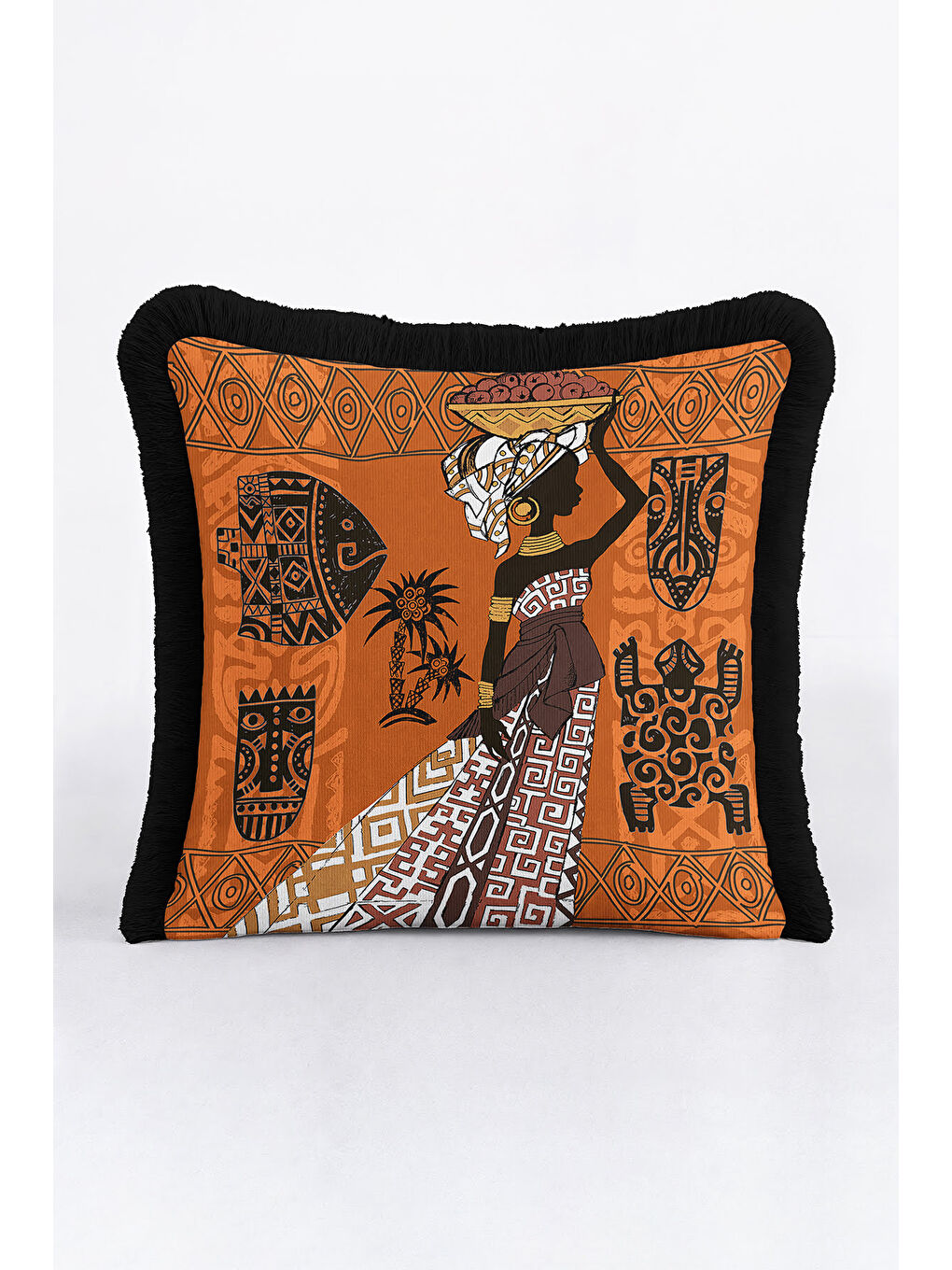 Karışık Afrikan Motifli Saçaklı Yastık Kılıfı - Etnik Tarz Sıcak Kahverengi Püsküllü Kırlent Kılıfı-1