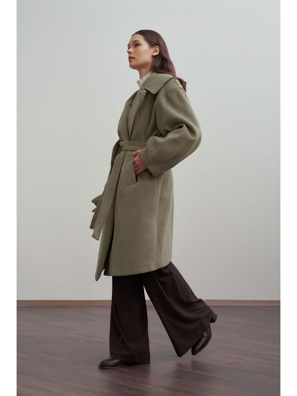 Yeşil Oversize Kuşaklı Kaşe Kaban-1