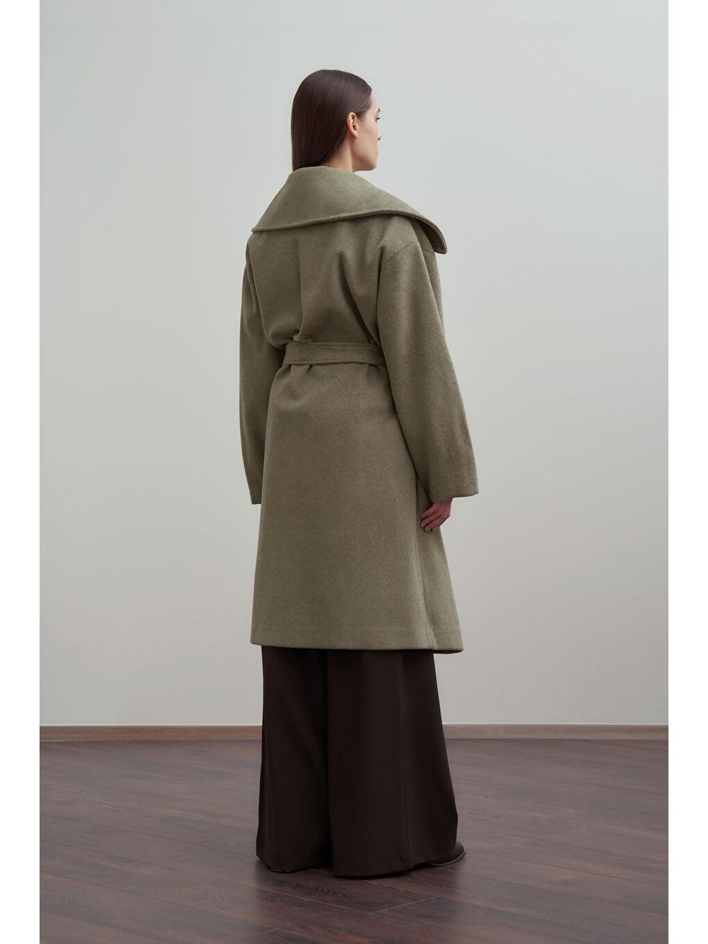 Yeşil Oversize Kuşaklı Kaşe Kaban-2