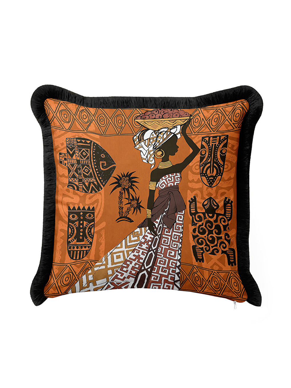 Karışık Afrikan Motifli Saçaklı Yastık Kılıfı - Etnik Tarz Sıcak Kahverengi Püsküllü Kırlent Kılıfı-3