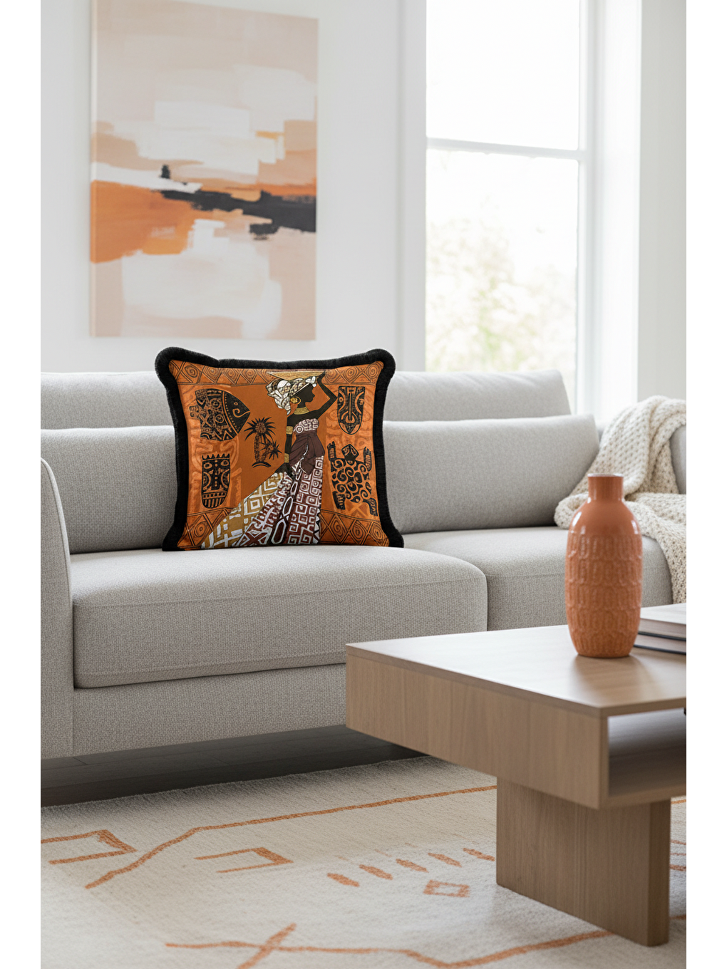 Karışık Afrikan Motifli Saçaklı Yastık Kılıfı - Etnik Tarz Sıcak Kahverengi Püsküllü Kırlent Kılıfı-4