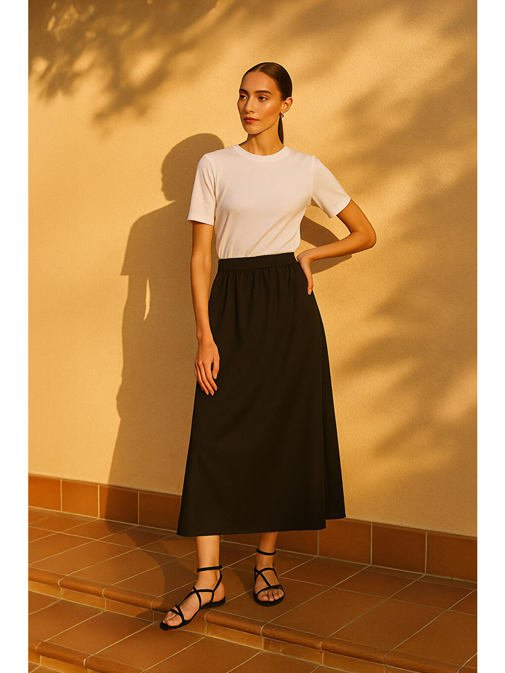 Siyah Beli Büzgülü Dokuma Etek-4