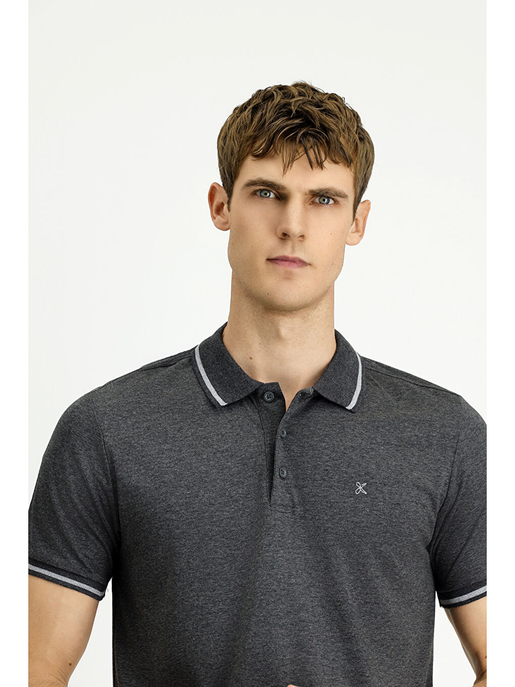 Antrasit Polo Yaka Slim Fit Dar Kesim Nakışlı Süprem Pamuklu Büyük Beden Tişört-2