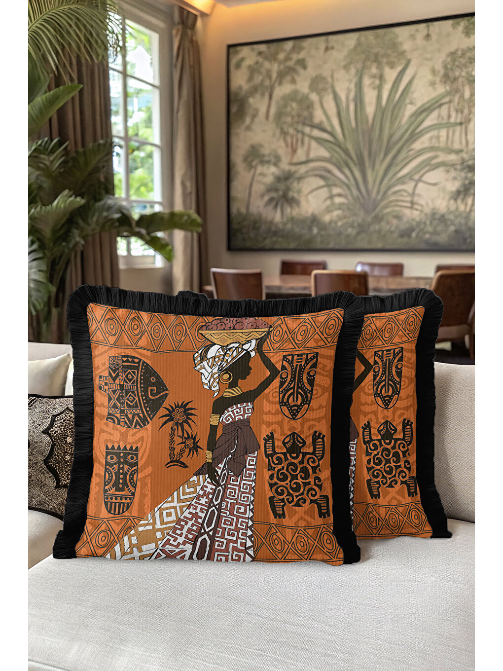 Karışık Afrikan Motifli Saçaklı Yastık Kılıfı - Etnik Tarz Sıcak Kahverengi Püsküllü Kırlent Kılıfı-5
