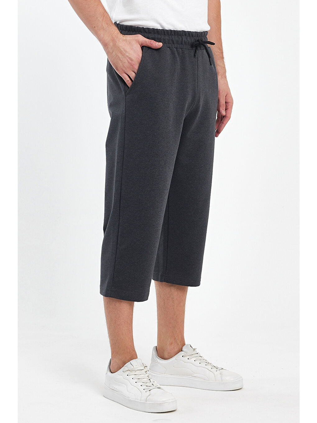 Erkek Yanları Cepli Antrasit Bermuda Diz Altı Kapri Beli Ayarlanabilir Lastikli Uzun Şort-2