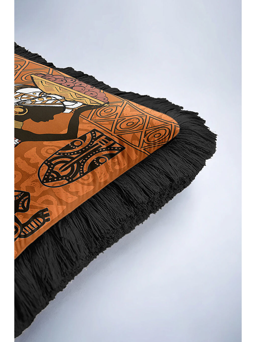 Karışık Afrikan Motifli Saçaklı Yastık Kılıfı - Etnik Tarz Sıcak Kahverengi Püsküllü Kırlent Kılıfı-6