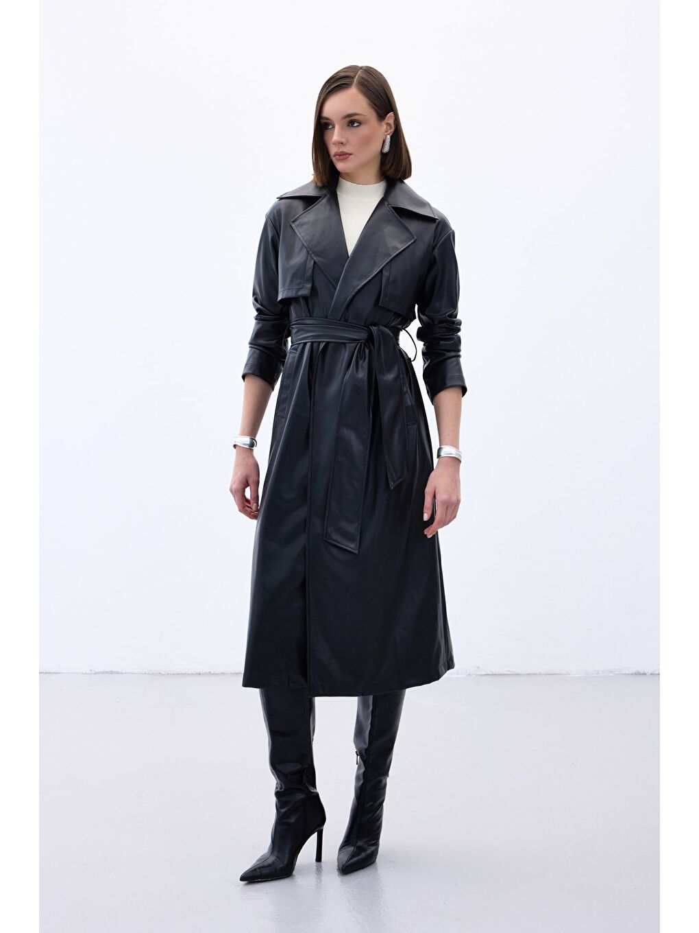 Kuşaklı Uzun Deri Trenç - Siyah-1