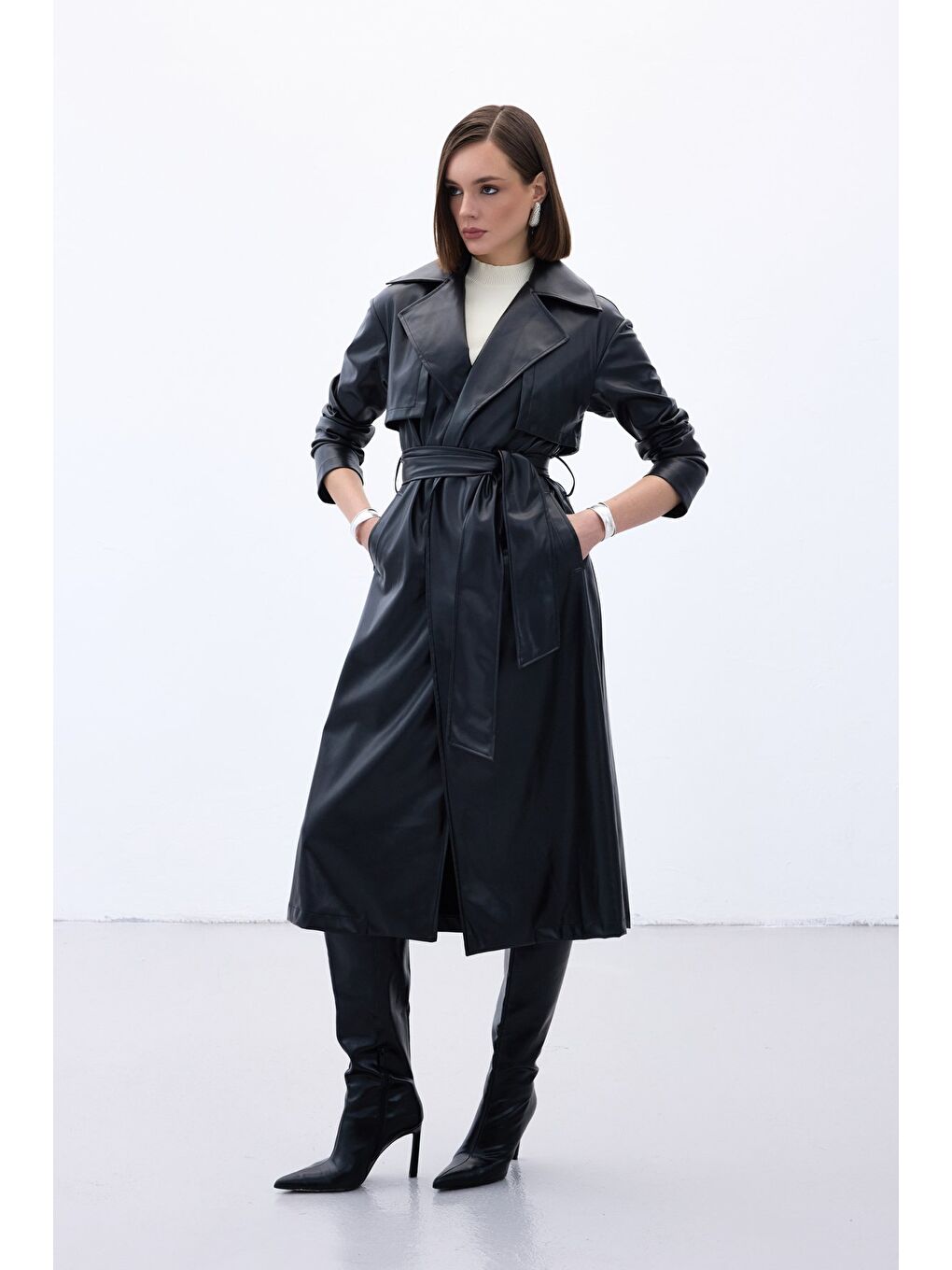 Kuşaklı Uzun Deri Trenç - Siyah-2