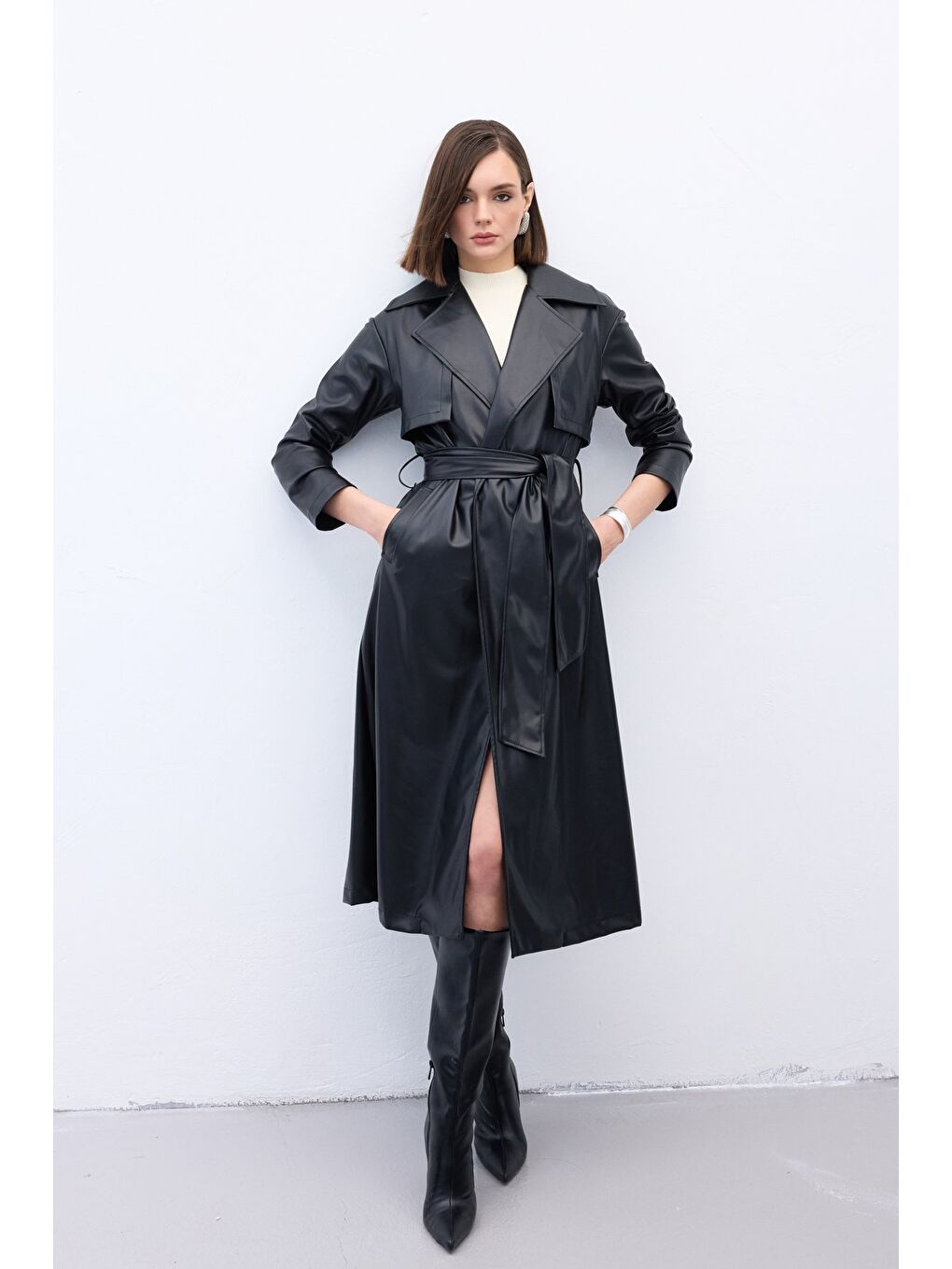 Kuşaklı Uzun Deri Trenç - Siyah-3