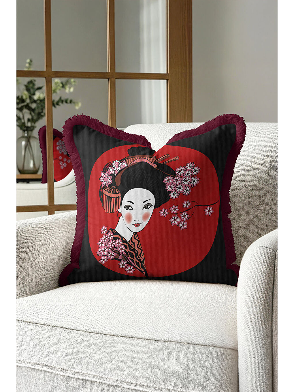 Karışık Japon Esintili Saçaklı Yastık Kılıfı - Kiraz Çiçeği Asya Bohem Bordo Püsküllü Kırlent Kılıfı
